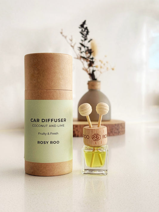 Rosy Roo Coconut and Lime car diffuser with packaging.