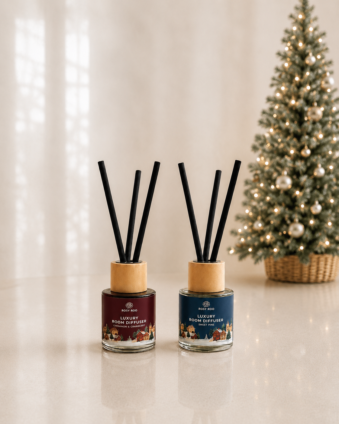 Two reed diffusers with black reeds and light wood tops sit on a glossy white surface. One bottle has a burgundy label and the other has a dark blue label, both featuring holiday illustrations.